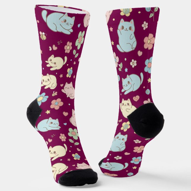 Kawaii Pastel Cats and Flowers Pattern Socks (Angled)