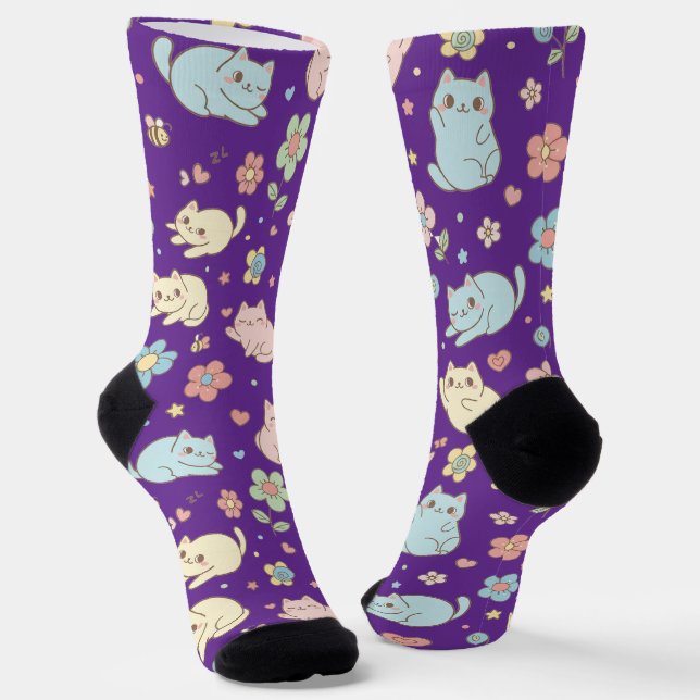 Kawaii Pastel Cats and Flowers Pattern Socks (Angled)