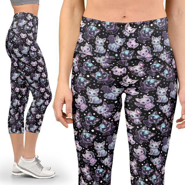 Kawaii Pastel Goth Cat-Bat Harajuku Yoga Capri Leggings (Creator Uploaded)