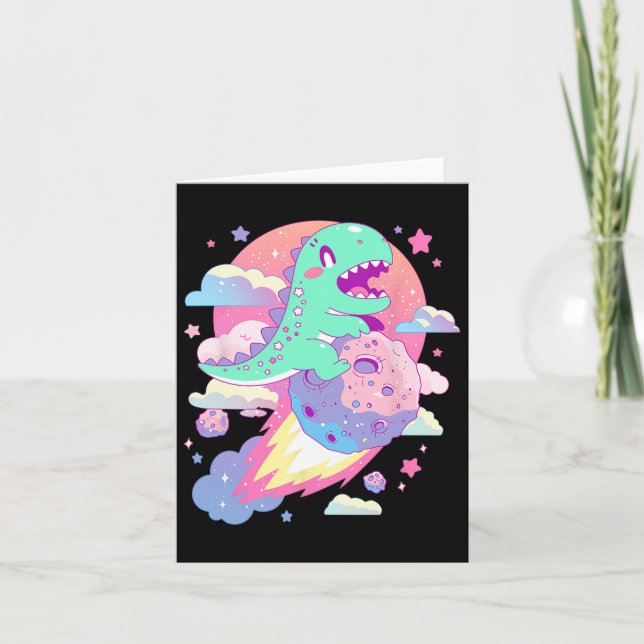 Kawaii Pastel Goth Creepy Cute Chibi Dinosaur On A Card (Front)