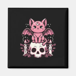 Kawaii Pastel Goth Cute Creepy Cat Bat Skeleton 1  Magnet