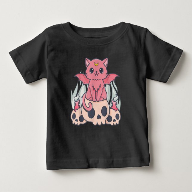 Kawaii Pastel Goth Cute Creepy Demon Cat and Skull Baby T-Shirt (Front)