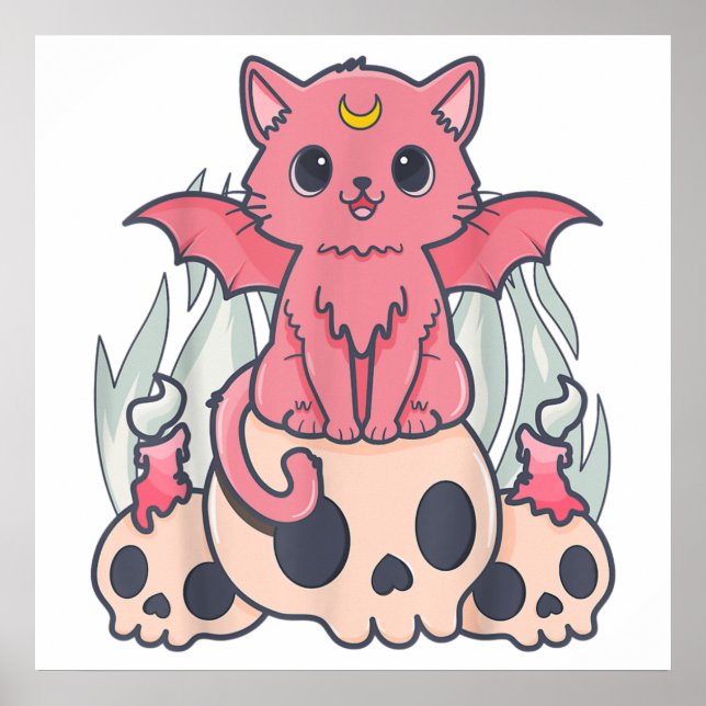 Kawaii Pastel Goth Cute Creepy Demon Cat and Skull Poster (Front)