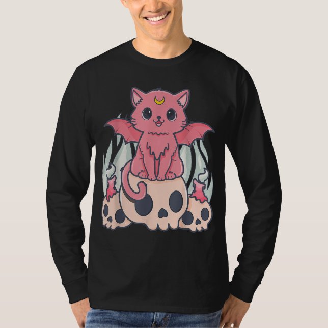 Kawaii Pastel Goth Cute Creepy Demon Cat and Skull T-Shirt (Front)