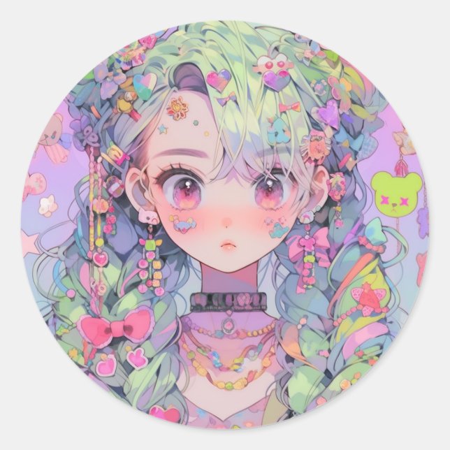 Kawaii Pastel Harajuku Anime Girl With Braids Classic Round Sticker (Front)