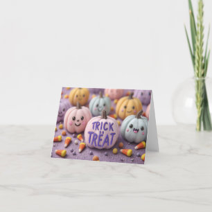 Kawaii Pastel Pumpkins with Trick or Treat Text Holiday Card
