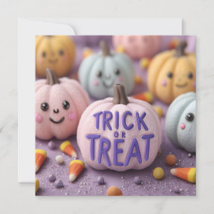 Kawaii Pastel Pumpkins with Trick or Treat Text Holiday Card