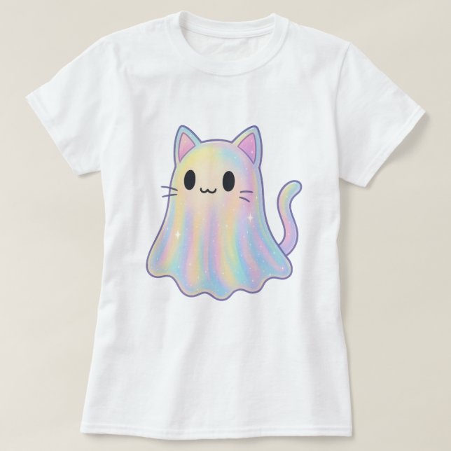 Kawaii Pastel Rainbow Cat Ghost | Spooky Aesthetic T-Shirt (Design Front)