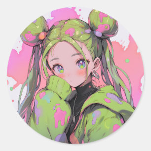 Kawaii Pastel Splatter Anime Girl Classic Round Sticker