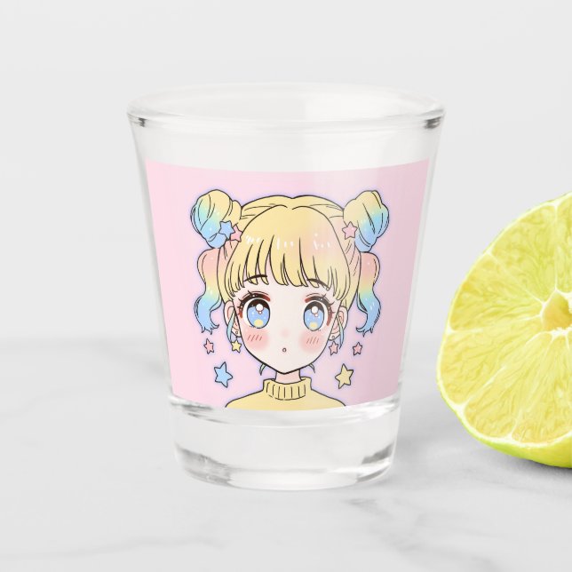 Kawaii Pastel Star Girl Portrait Shot Glass (Front)