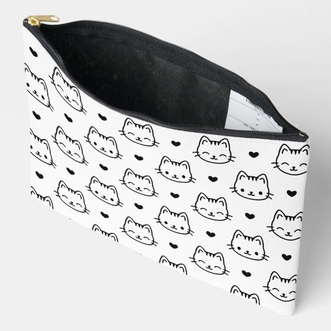 kawaii pattern cat faces hearts black and white accessory pouch (Open)