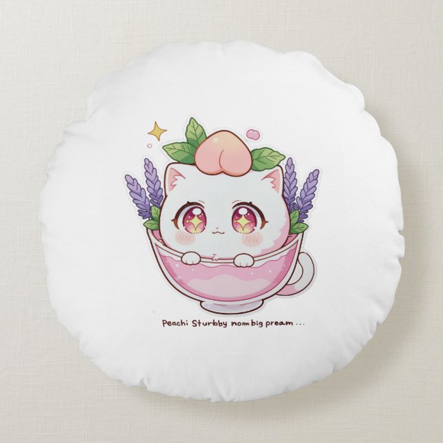 Kawaii Peach Cat in Lavender Teacup Throw Pillow (Front)