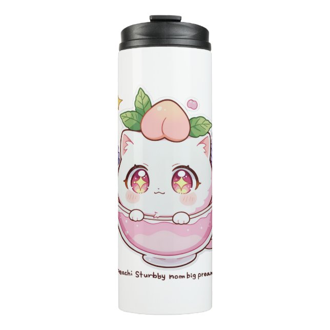 Kawaii Peach Cat in Teacup Thermal Tumbler (Front)