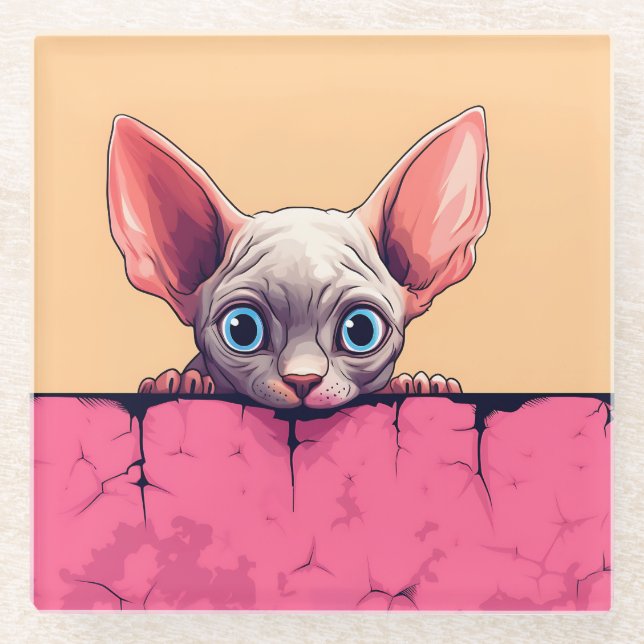 Kawaii Peeking Cute Sphynx Cat Glass Coaster (Front)