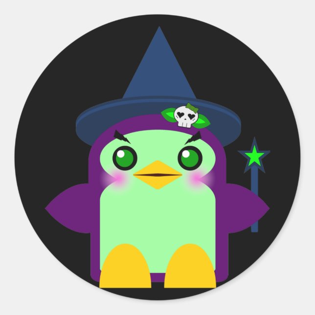Kawaii Penguin Witch Classic Round Sticker (Front)