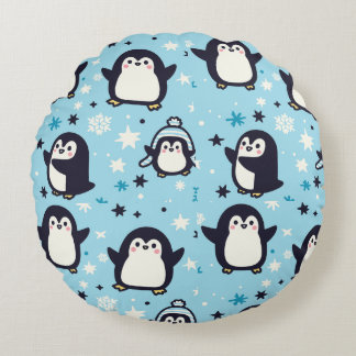 Kawaii Penguins With Winter Snowflakes Seamless Round Cushion