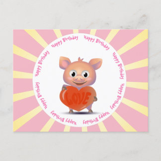 kawaii pig, love heart postcard