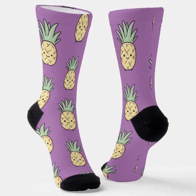 Kawaii Pineapple Pattern - Yellow Fun Tropical Socks (Angled)