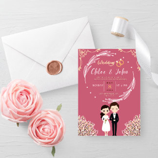 Kawaii Pink and Gold Theme Of Chibi Couple Wedding Invitation