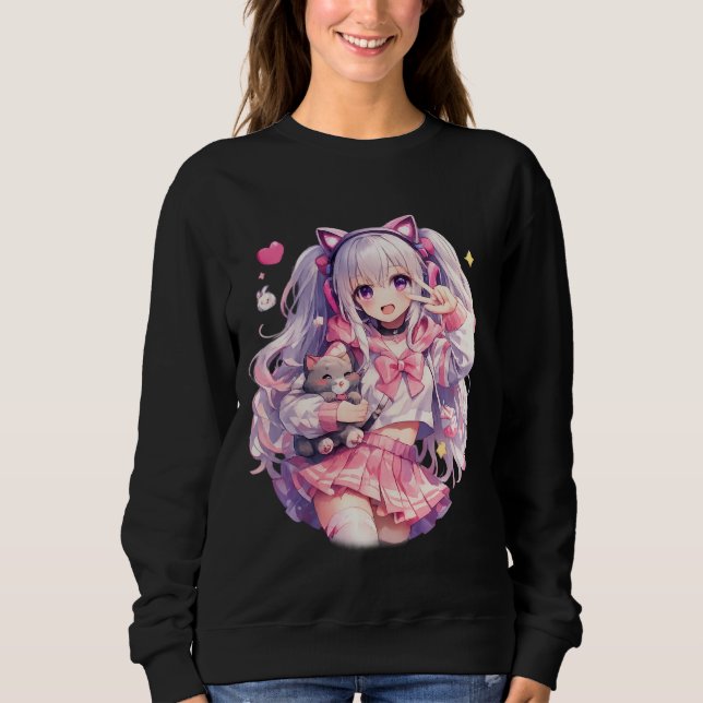 Kawaii Pink Catgirl Cheer Pose Sweatshirt (Front)