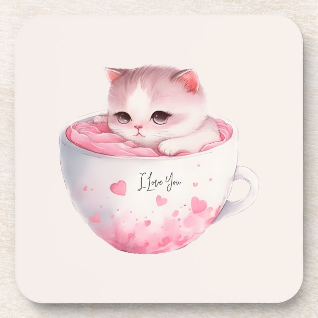 Kawaii Pink Chibi Cat With A Cute Crown Coaster (Front)