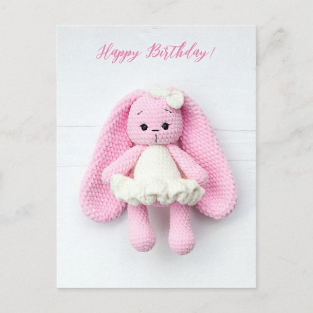 Kawaii Pink Crochet Bunny – Happy Birthday Postcard (Front)