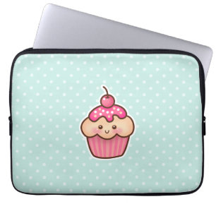 Kawaii Pink Cupcake and Cute Mint Blue Polka Dots Laptop Sleeve