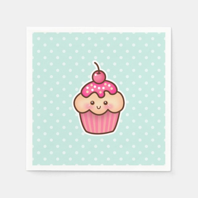 Kawaii Pink Cupcake and Cute Mint Blue Polka Dots Napkin (Front)