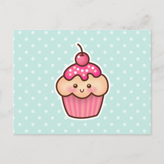 Kawaii Pink Cupcake and Cute Mint Blue Polka Dots Postcard (Front)
