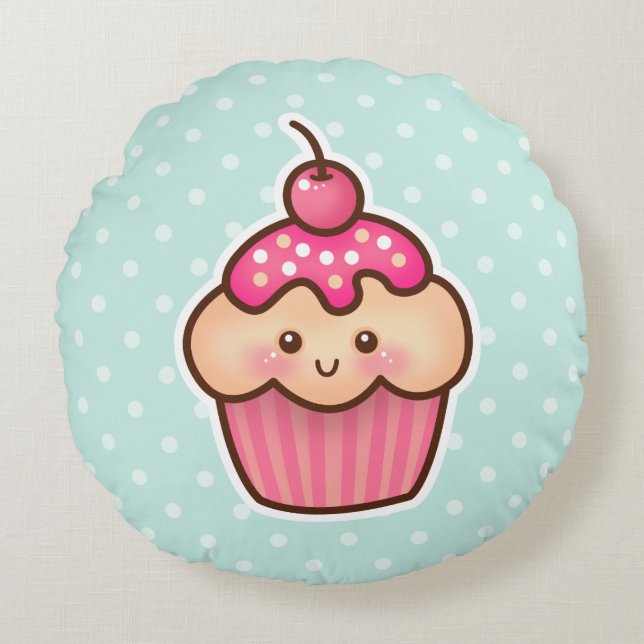 Kawaii Pink Cupcake and Cute Mint Blue Polka Dots Round Cushion (Front)
