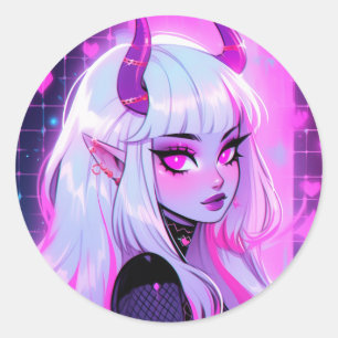 Kawaii Pink Demon Girl Classic Round Sticker