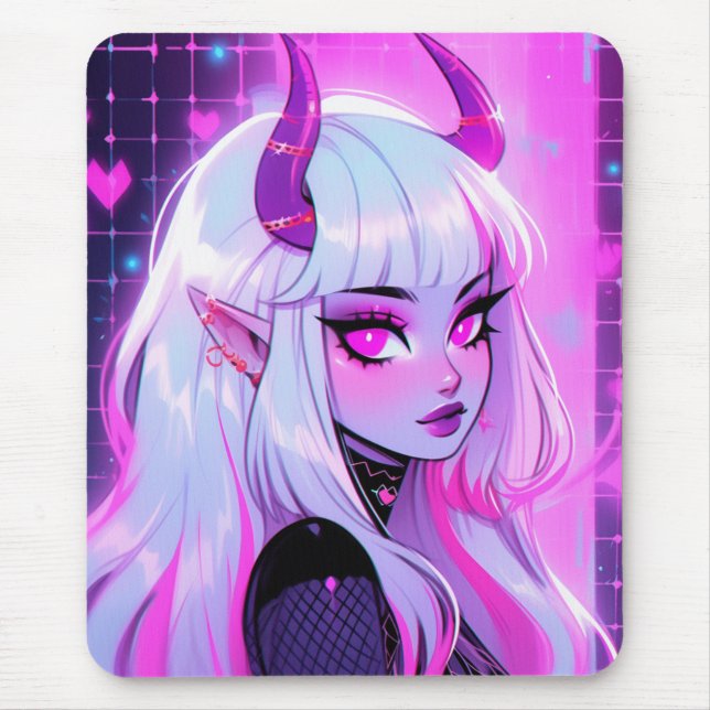 Kawaii Pink Demon Girl Mouse Pad (Front)