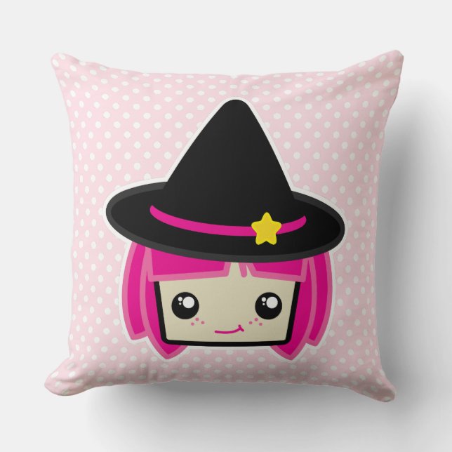 Kawaii Pink Haired Witch Throw Pillow (Front)