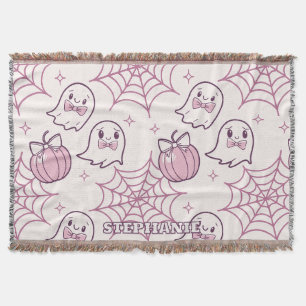 Kawaii Pink Halloween Ghosts & Pumpkin Throw Blanket