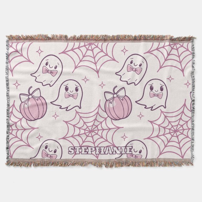 Kawaii Pink Halloween Ghosts & Pumpkin Throw Blanket (Front)