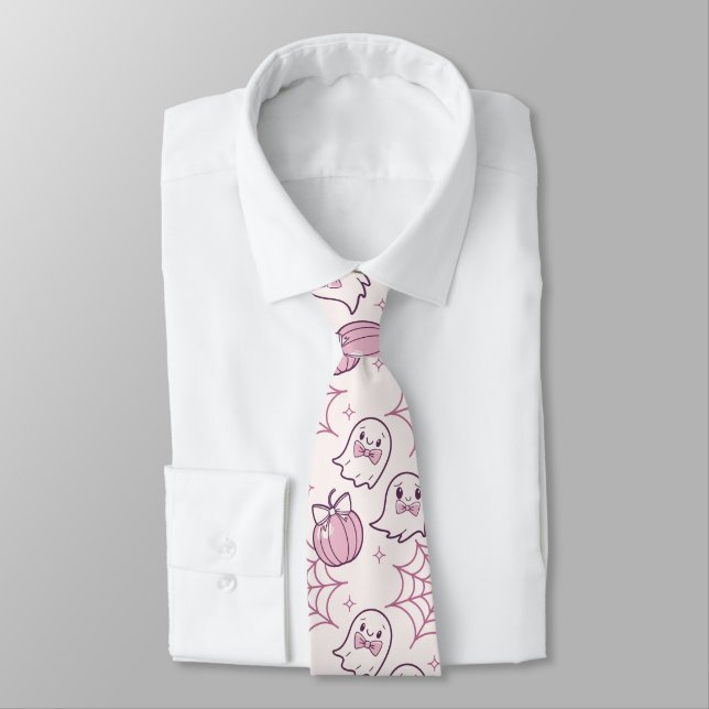 Kawaii Pink Halloween Ghosts & Pumpkin Tie (Tied)