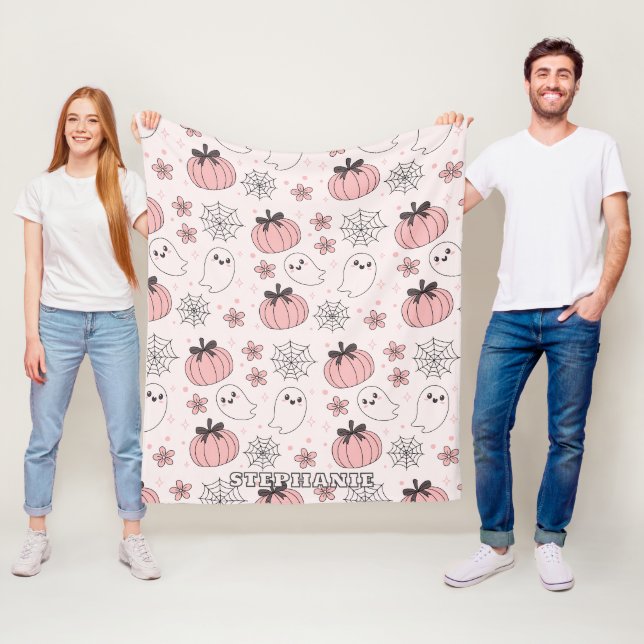 Kawaii Pink Halloween Ghosts & Pumpkins Fleece Blanket (In Situ)