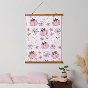 Kawaii Pink Halloween Ghosts & Pumpkins Hanging Tapestry