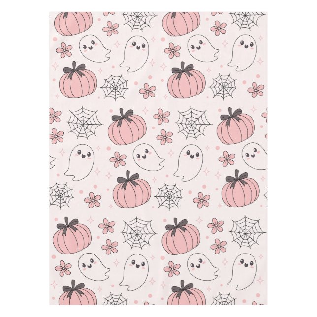 Kawaii Pink Halloween Ghosts & Pumpkins Tablecloth (Front)