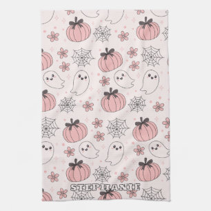 Kawaii Pink Halloween Ghosts & Pumpkins Tea Towel