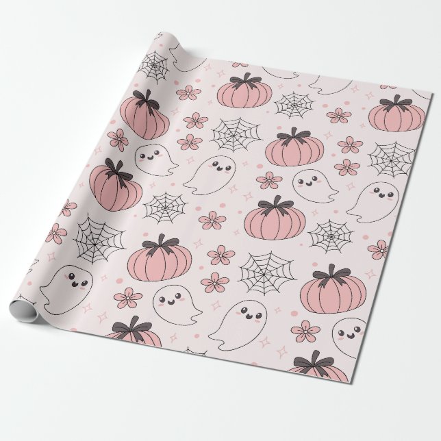 Kawaii Pink Halloween Ghosts & Pumpkins Wrapping Paper (Unrolled)