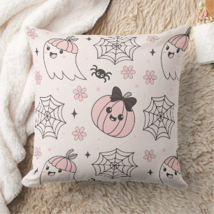 Kawaii Pink Halloween Pattern with Ghost, Pumpkin  Cushion