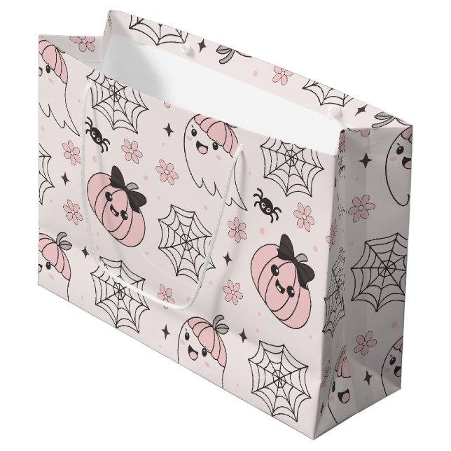 Kawaii Pink Halloween Pattern with Ghost, Pumpkin  Large Gift Bag (Front Angled)