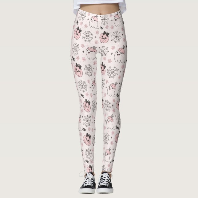 Kawaii Pink Halloween Pattern with Ghost, Pumpkin  Leggings (Front)