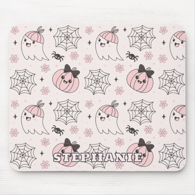Kawaii Pink Halloween Pattern with Ghost, Pumpkin  Mouse Pad (Front)