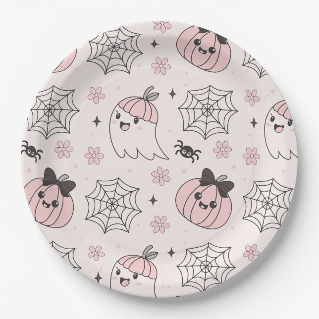 Kawaii Pink Halloween Pattern with Ghost, Pumpkin  Paper Plate (Front)