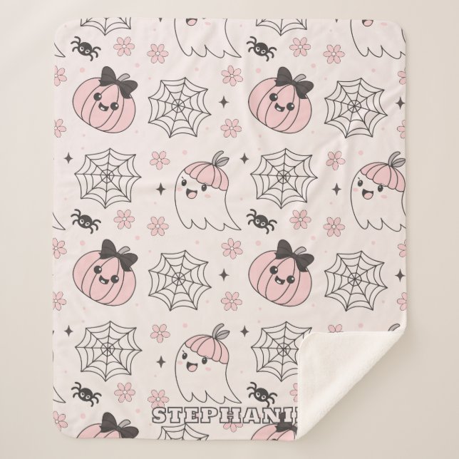 Kawaii Pink Halloween Pattern with Ghost, Pumpkin  Sherpa Blanket (Front)
