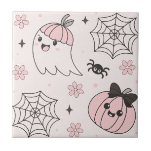 Kawaii Pink Halloween Pattern with Ghost, Pumpkin Tile