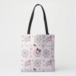 Kawaii Pink Halloween Pattern with Ghost, Pumpkin Tote Bag