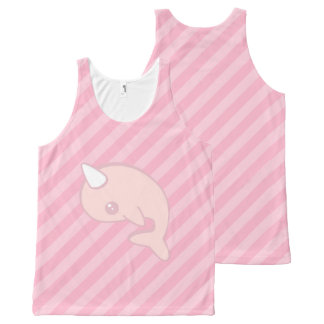 Kawaii Pink Narwhal with pink stripes All-Over Print Singlet